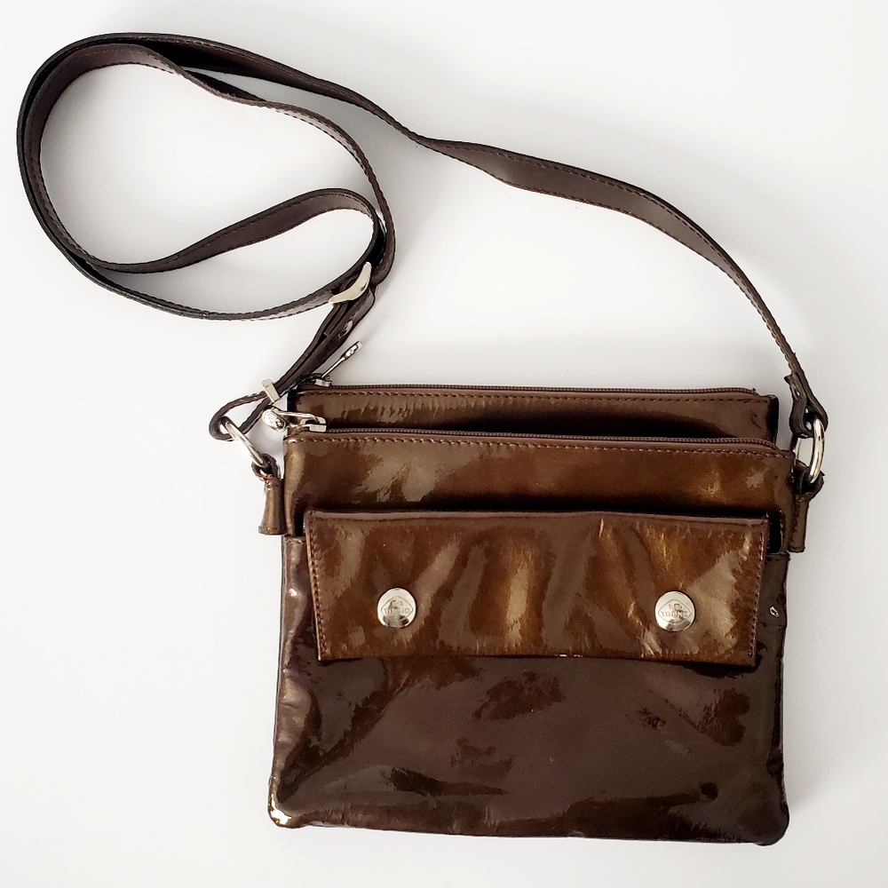 ITALY Metallic Brown Leather Crossbody Bag Purse Various Pockets Clean LIKE NEW